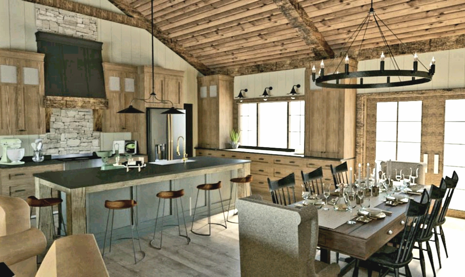 Ilot et armoires avec poutres antiques intégrées